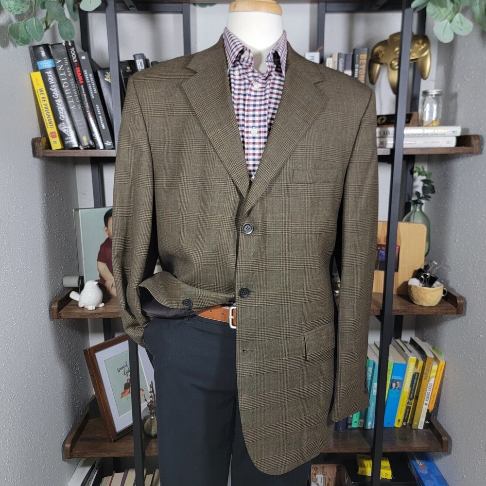 Andrew Fezza Men's Sport Coat Blazer Three Button Brown Plaid Wool Size 44L